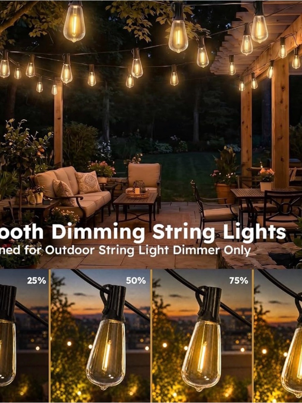 Outdoor Warm White String Lights – Smooth Dimming Patio Lighting
